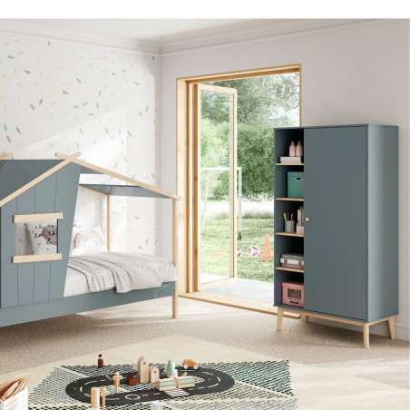 Penderie 1 porte 5 niches pin massif et MDF laqué vert kaki et naturel - KAINEN