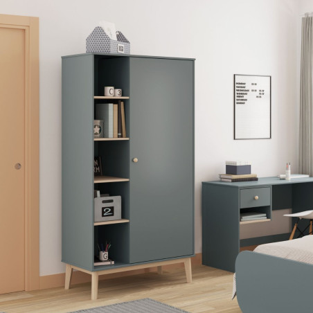 Penderie 1 porte 5 niches pin massif et MDF laqué vert kaki et naturel - KAINEN