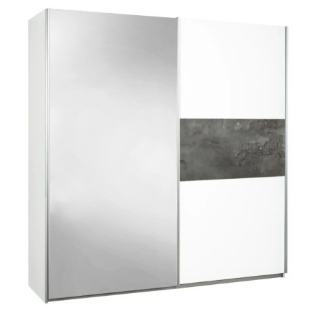 Armoire 2 portes coulissantes blanc laqué avec décor gris oxyde et 1 porte miroir - MARIANOR