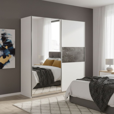 Armoire 2 portes coulissantes blanc laqué avec décor gris oxyde et 1 porte miroir - MARIANOR