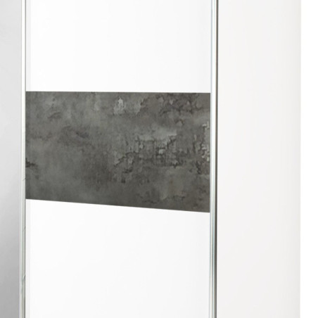 Armoire 2 portes coulissantes blanc laqué avec décor gris oxyde et 1 porte miroir - MARIANOR
