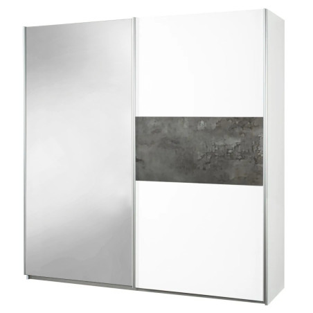 Armoire 2 portes coulissantes blanc laqué avec décor gris oxyde et 1 porte miroir - MARIANOR