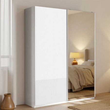 Armoire 2 portes coulissantes 180x210 cm blanc laqué et miroir - SWARM