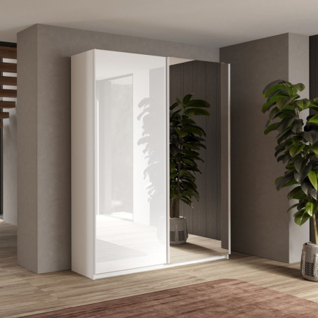 Armoire 2 portes coulissantes 180x210 cm blanc laqué et miroir - SWARM
