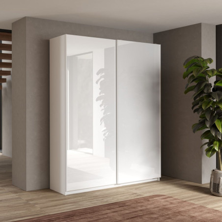 Armoire 2 portes coulissantes 180x210 cm blanc laqué brillant - SWARM