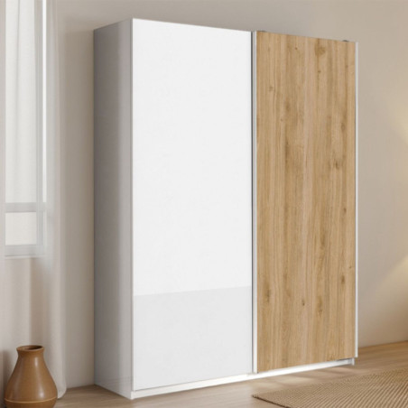 Armoire 2 portes coulissantes 180x210 cm blanc laqué et bois - SWARM