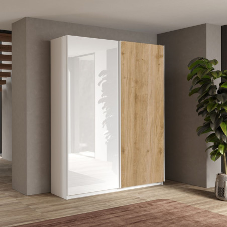 Armoire 2 portes coulissantes 180x210 cm blanc laqué et bois - SWARM