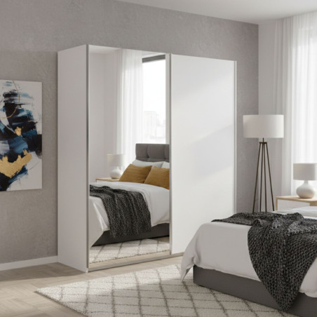 Armoire 2 portes coulissantes blanc laqué avec 1 porte miroir - MARIANOR