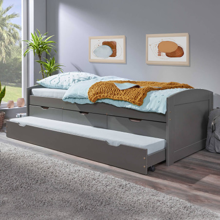 Lit gigogne 90x200 cm avec 3 tiroirs vernis gris - STRIO