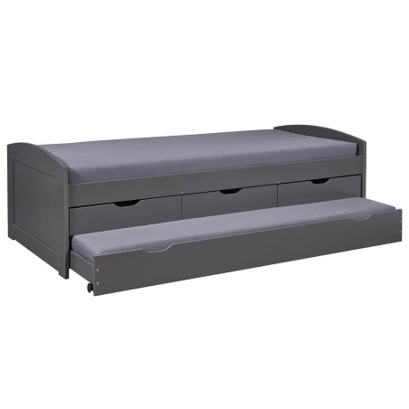 Lit gigogne 90x200 cm avec 3 tiroirs vernis gris - STRIO