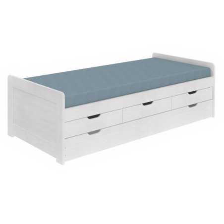 Lit gigogne 90x200 avec tiroirs en bois massif cérusé blanc - TOMIO