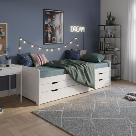 Lit gigogne 90x200 avec tiroirs en bois massif cérusé blanc - TOMIO