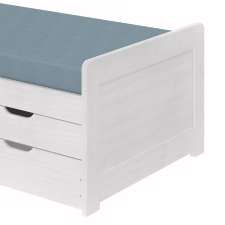 Lit gigogne 90x200 avec tiroirs en bois massif cérusé blanc - TOMIO