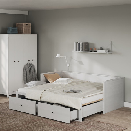 Lit banquette 90x200 cm extensible 180x200 cm avec tiroirs en pin vernis blanc - WILMAR
