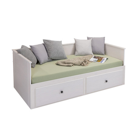 Lit banquette 90x200 cm extensible 180x200 cm avec tiroirs en pin vernis blanc - WILMAR
