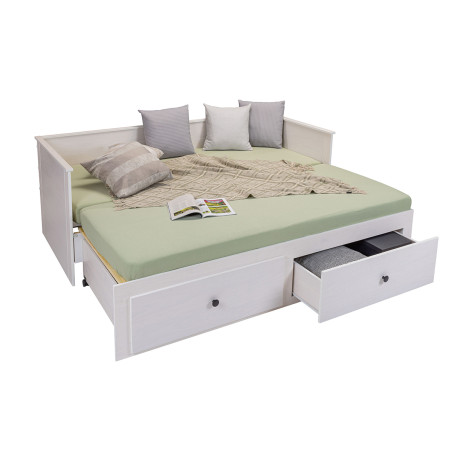 Lit banquette 90x200 cm extensible 180x200 cm avec tiroirs en pin vernis blanc - WILMAR