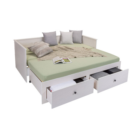 Lit banquette 90x200 cm extensible 180x200 cm avec tiroirs en pin vernis blanc - WILMAR