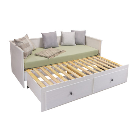 Lit banquette 90x200 cm extensible 180x200 cm avec tiroirs en pin vernis blanc - WILMAR