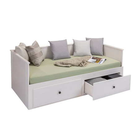 Lit banquette 90x200 cm extensible 180x200 cm avec tiroirs en pin vernis blanc - WILMAR