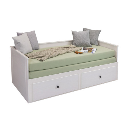 Lit banquette 90x200 cm extensible 180x200 cm avec tiroirs en pin vernis blanc - WILMAR