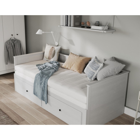 Lit banquette 90x200 cm extensible 180x200 cm avec tiroirs en pin vernis blanc - WILMAR