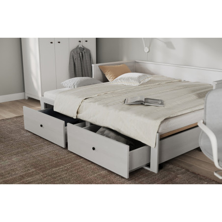 Lit banquette 90x200 cm extensible 180x200 cm avec tiroirs en pin vernis blanc - WILMAR