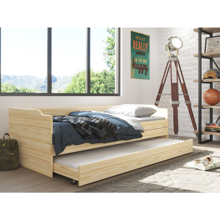 Lit gigogne 3 couchages 90x200 cm bois massif vernis naturel - JAVEN