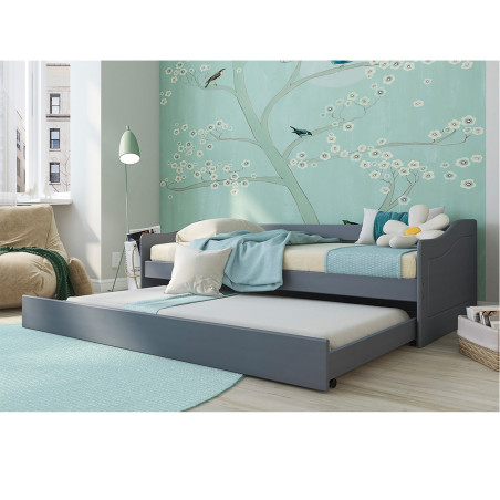 Lit gigogne 90x200 cm en pin massif vernis gris - CANTEN