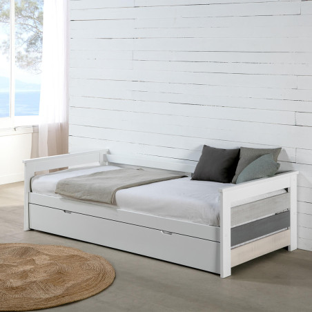 Lit gigogne 90x190 cm bois aspect vieilli blanc et grisé - ROSALIO