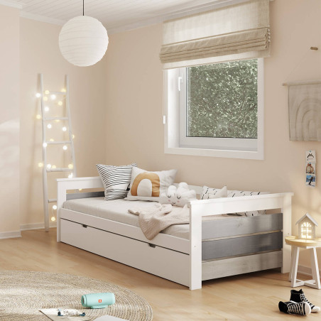 Lit gigogne 90x190 cm bois aspect vieilli blanc et grisé - ROSALIO