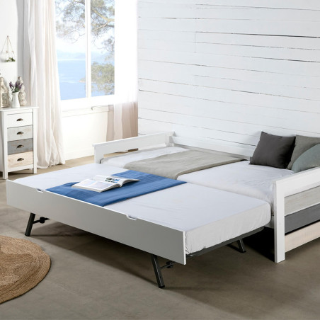 Lit gigogne 90x190 cm bois aspect vieilli blanc et grisé - ROSALIO