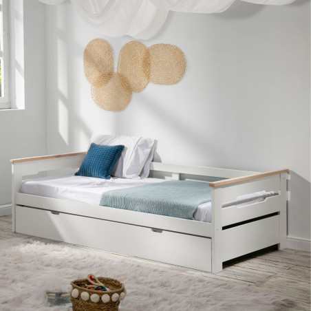 Lit banquette gigogne 90x190 en MDF laqué blanc et pin massif naturel - ELISIANOR