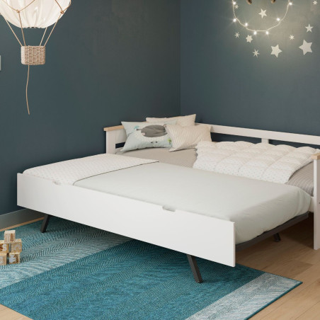 Lit banquette gigogne 90x190 en MDF laqué blanc et pin massif naturel - ELISIANOR