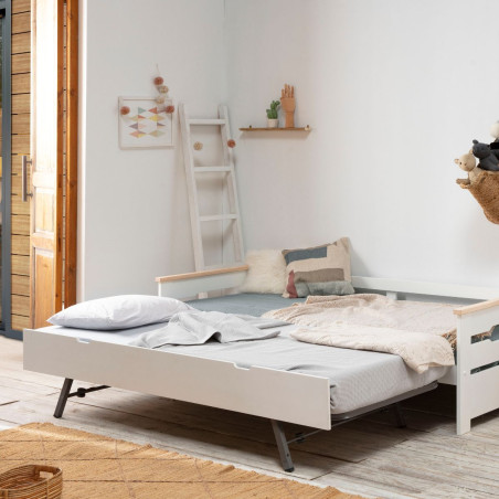 Lit banquette gigogne 90x190 en MDF laqué blanc et pin massif naturel - ELISIANOR