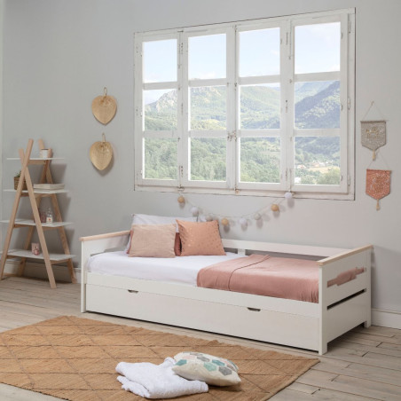 Lit banquette gigogne 90x190 en MDF laqué blanc et pin massif naturel - ELISIANOR