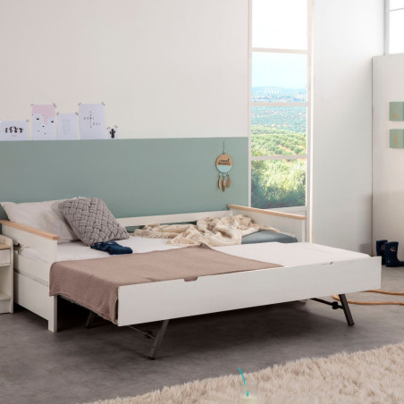 Lit banquette gigogne 90x190 en MDF laqué blanc et pin massif naturel - ELISIANOR