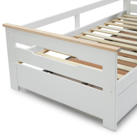 Lit banquette gigogne 90x190 en MDF laqué blanc et pin massif naturel - ELISIANOR