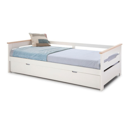 Lit banquette gigogne 90x190 en MDF laqué blanc et pin massif naturel - ELISIANOR