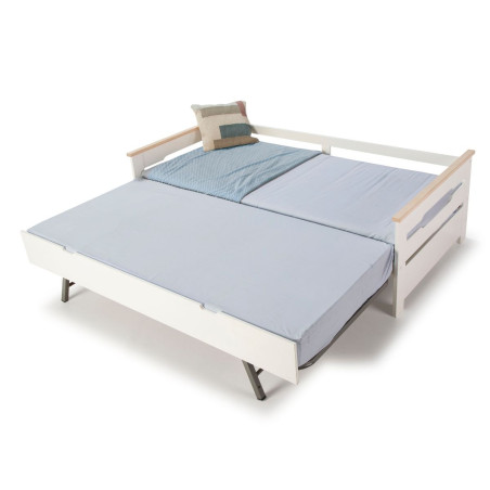 Lit banquette gigogne 90x190 en MDF laqué blanc et pin massif naturel - ELISIANOR