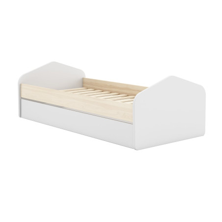 Lit 90x200 cm avec tiroir, pin massif et MDF blanc et naturel - KAINEN