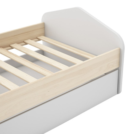 Lit 90x200 cm avec tiroir, pin massif et MDF blanc et naturel - KAINEN