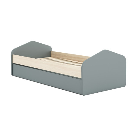 Lit 90x200 cm avec tiroir MDF et pin, gris vert et naturel - KAINEN