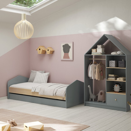 Lit 90x200 cm avec tiroir MDF et pin, gris vert et naturel - KAINEN