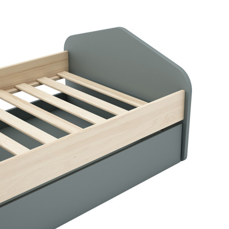 Lit 90x200 cm avec tiroir MDF et pin, gris vert et naturel - KAINEN