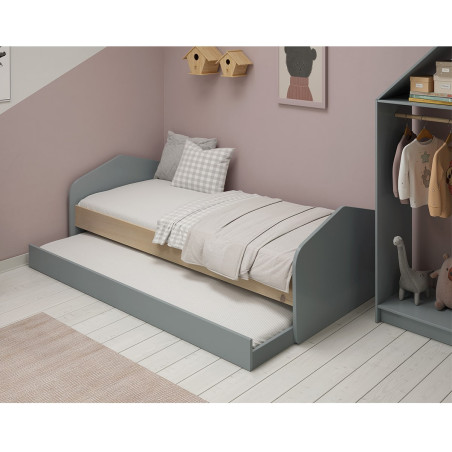 Lit 90x200 cm avec tiroir MDF et pin, gris vert et naturel - KAINEN