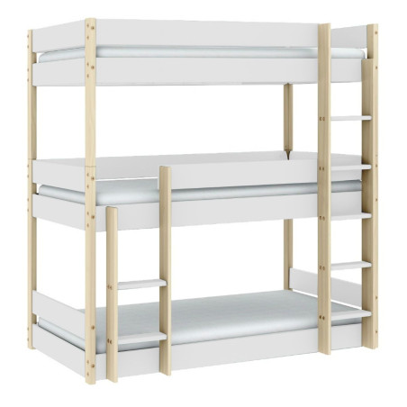 Lit superposé 3 couchages 90x190 blanc et pin naturel - SOMISOR