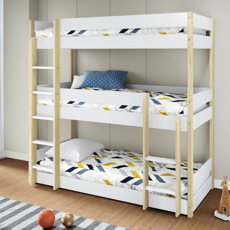 Lit superposé 3 couchages 90x190 blanc et pin naturel - SOMISOR