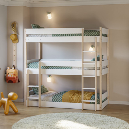 Lit superposé 3 couchages 90x190 blanc et pin naturel - SOMISOR