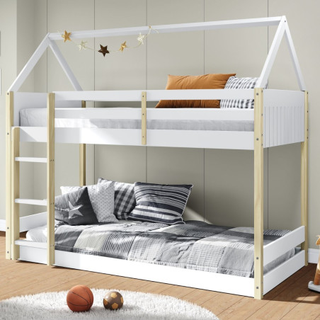 Lit superposé avec premier couchage au sol 90x190 en MDF laqué blanc et pin naturel - LILASOR
