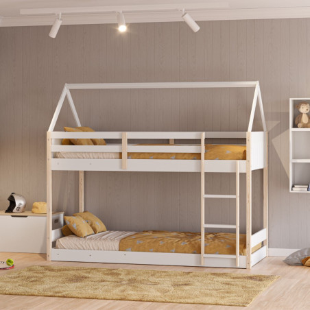 Lit superposé avec premier couchage au sol 90x190 en MDF laqué blanc et pin naturel - LILASOR